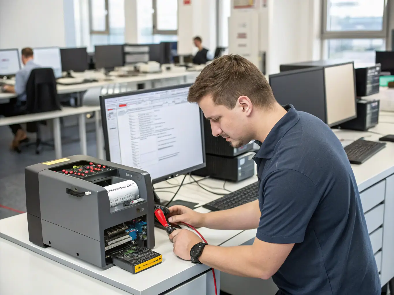 A close-up shot of a technician configuring printer settings on a computer, highlighting the software installation and driver setup process.