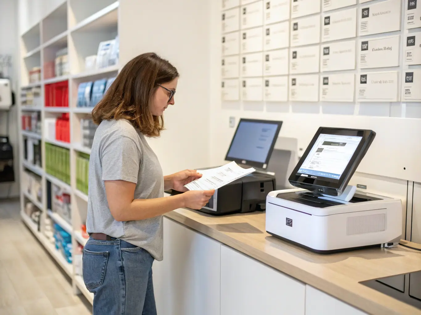 A friendly technician smiling while setting up a printer in a modern home office, emphasizing the personal touch and expertise provided by Printer Setup and Installation Service.
