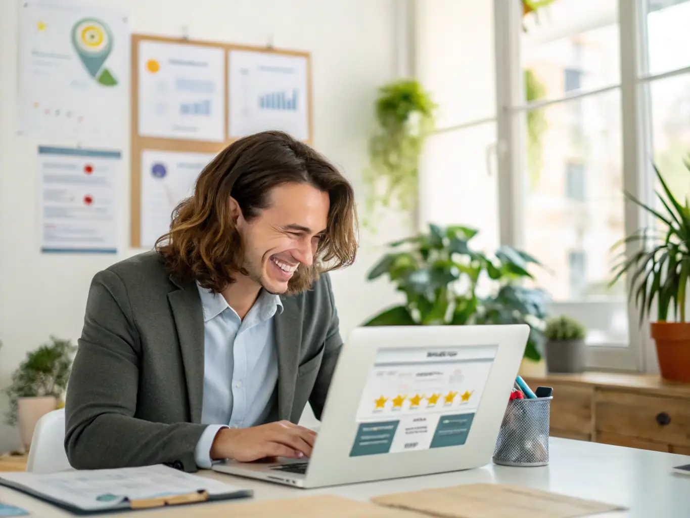 A customer happily using a printer in a home office, with a speech bubble showing a positive review of Printer Setup and Installation Service.