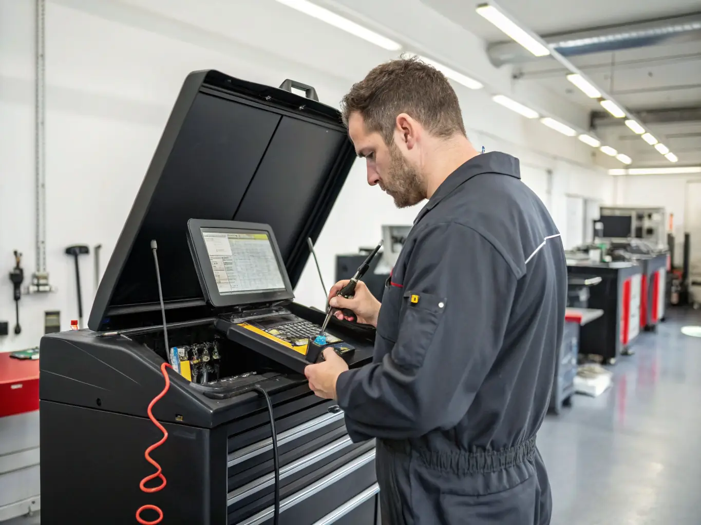 A technician troubleshooting a printer issue, using diagnostic tools to identify and resolve the problem, with various printer parts visible in the background.