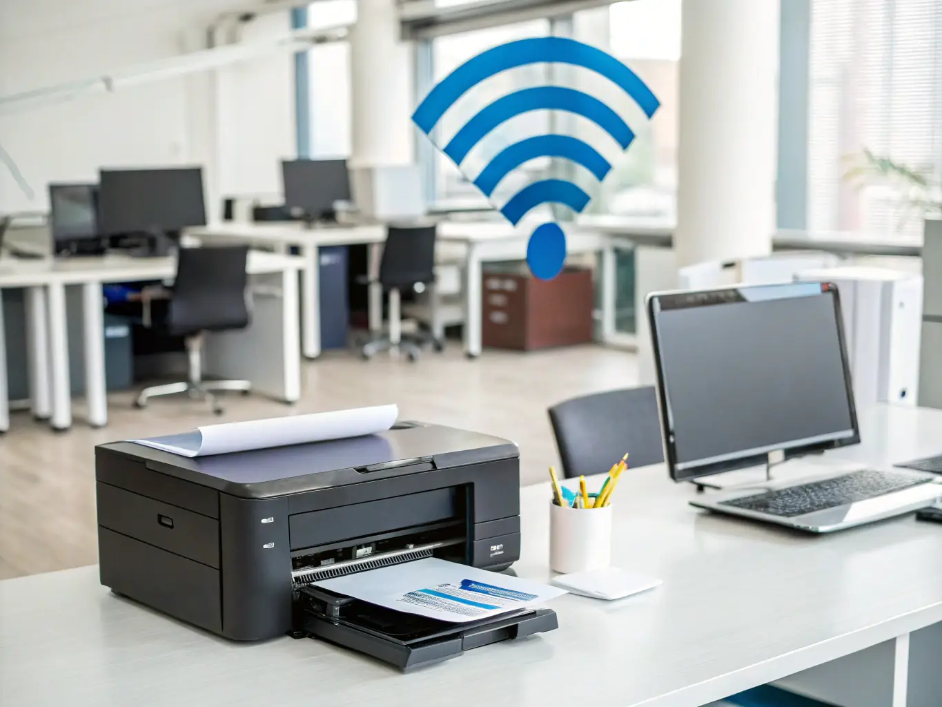 An image showing a printer connected to a Wi-Fi network with a secure lock icon overlayed, symbolizing secure and reliable connectivity.